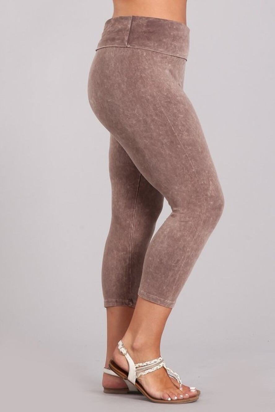 Chatoyant Plus Size Mineral Wash Fold Over Waist Capris Desert Taupe 1XL